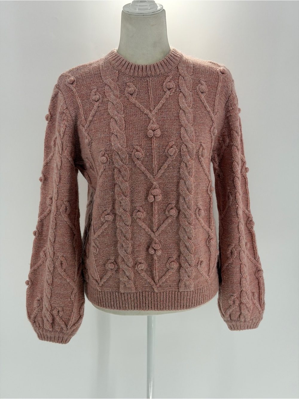 Demylee Wool Cozy Cable-Knit Bobble  Balloon Sleeve Sweater - Dusty Rose Size S